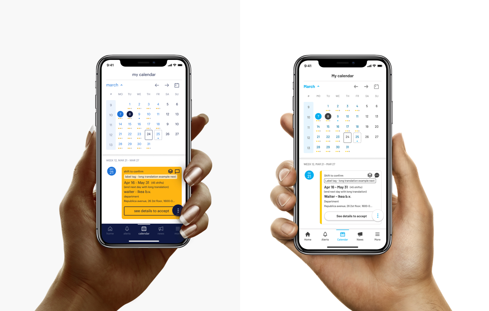 Left hand with mobile on screen the Randstad app with Randstad brand, and right hand, mobile with the same app but Tempo-Team brand style.
