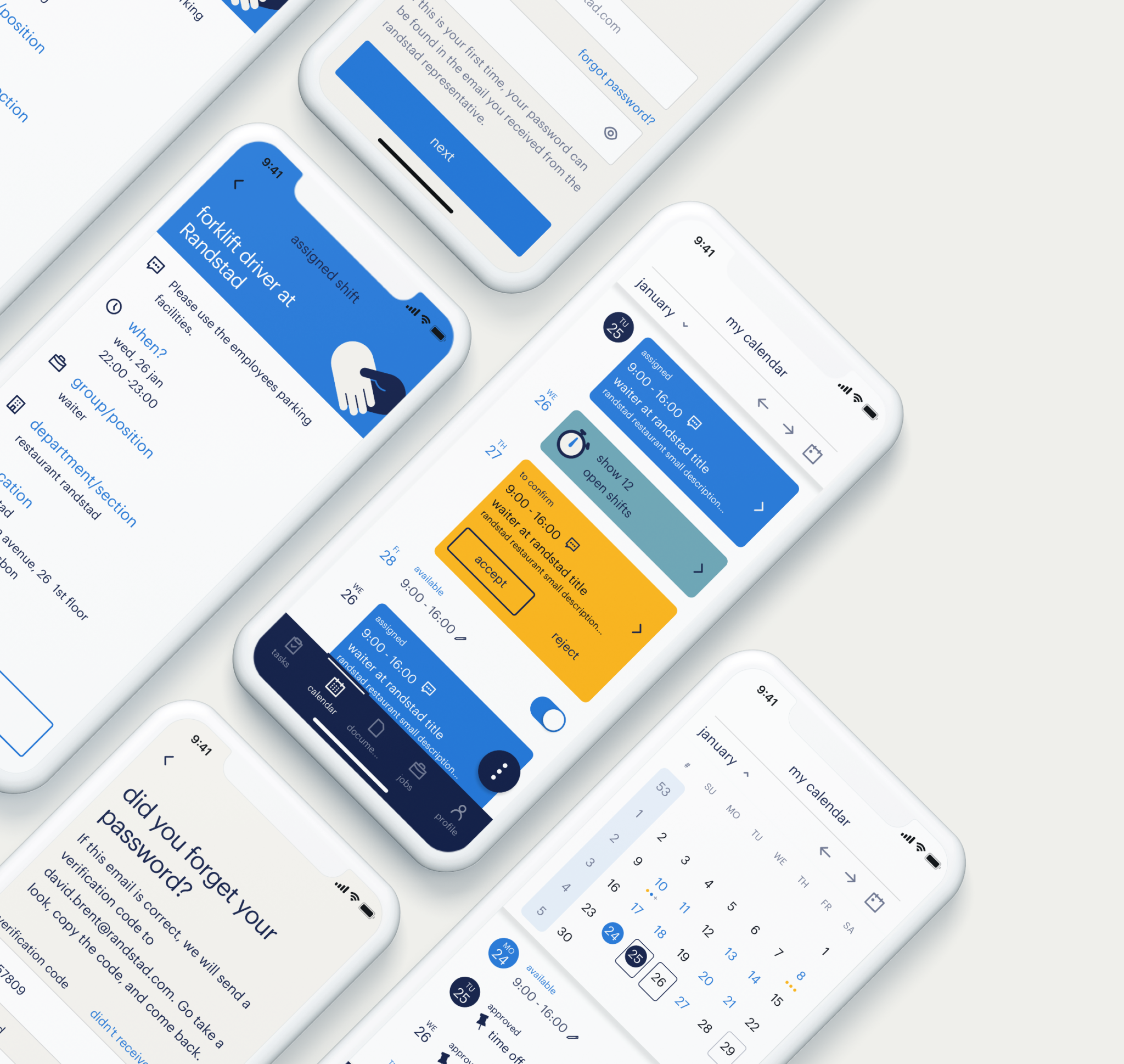 Multiple mockups of mobile app screens.