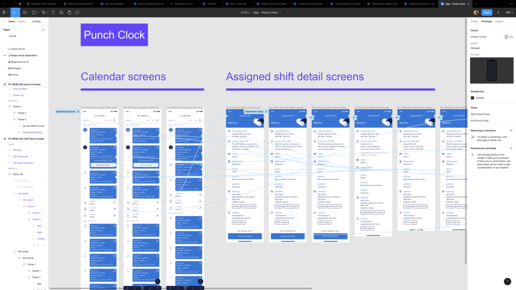 Screenshot of Figma tool, showing Randstad design screens with flow connections.